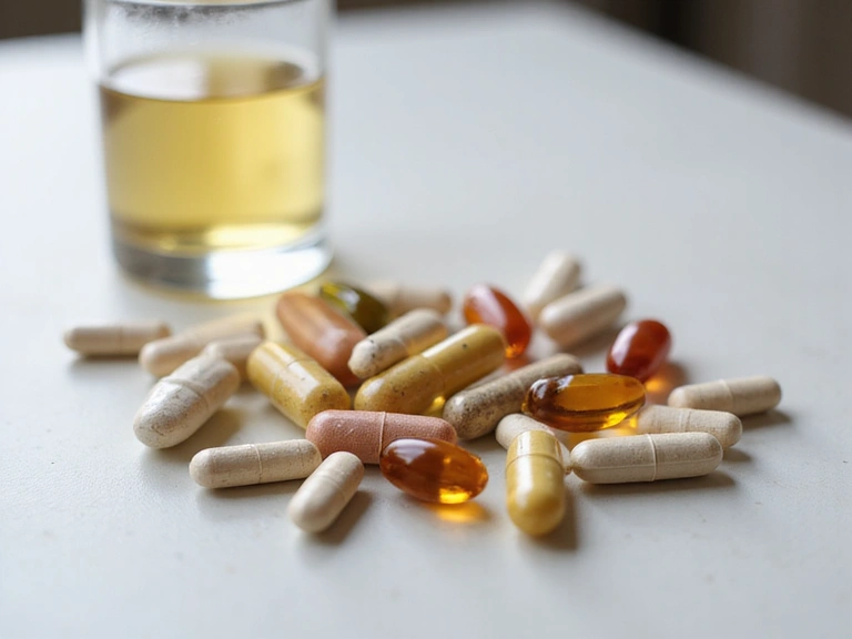 Un primo piano di integratori alimentari in capsule su un tavolo, con un bicchiere d'acqua.