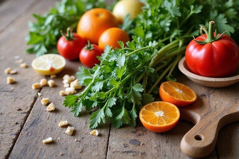 Ingredienti naturali freschi come erbe, frutta e verdura su un tavolo di legno, che simboleggiano la qualità e la freschezza.