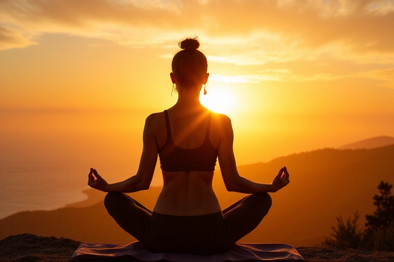 Una donna che fa yoga al tramonto, simbolo di benessere e equilibrio.