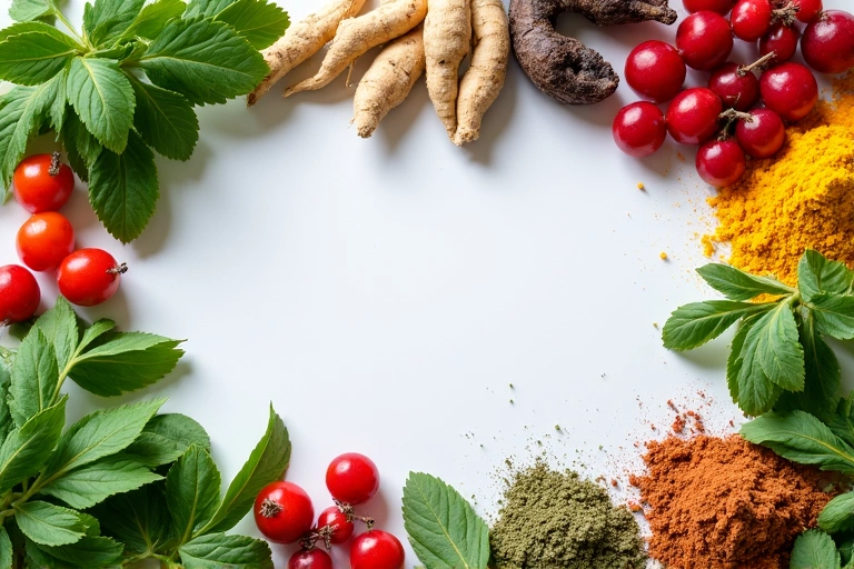 Ingredienti naturali di alta qualità, come erbe e piante, disposti armoniosamente per rappresentare purezza ed efficacia.