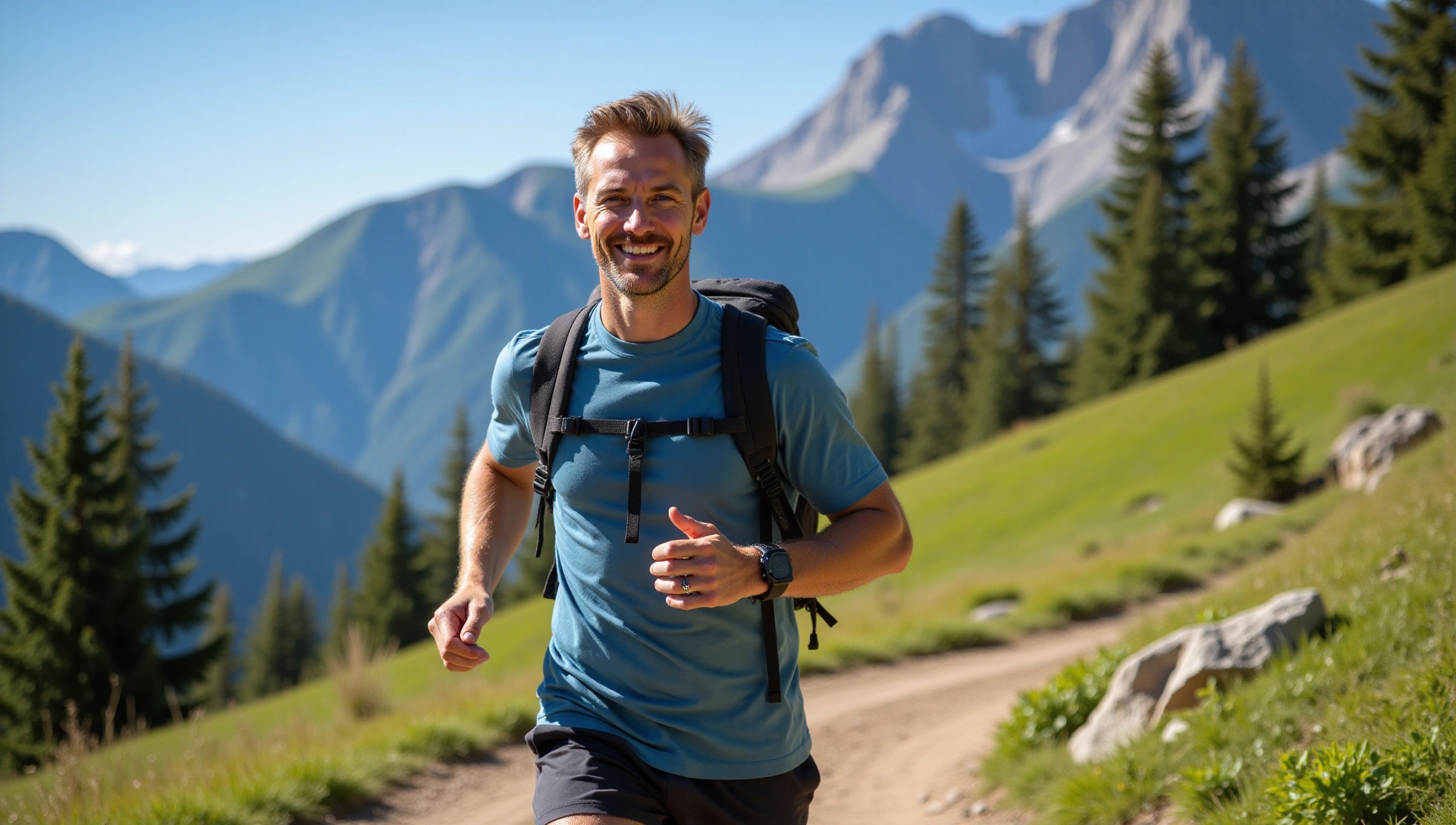 Uomo energico che pratica sport all'aria aperta, simbolo di vitalità e natura.