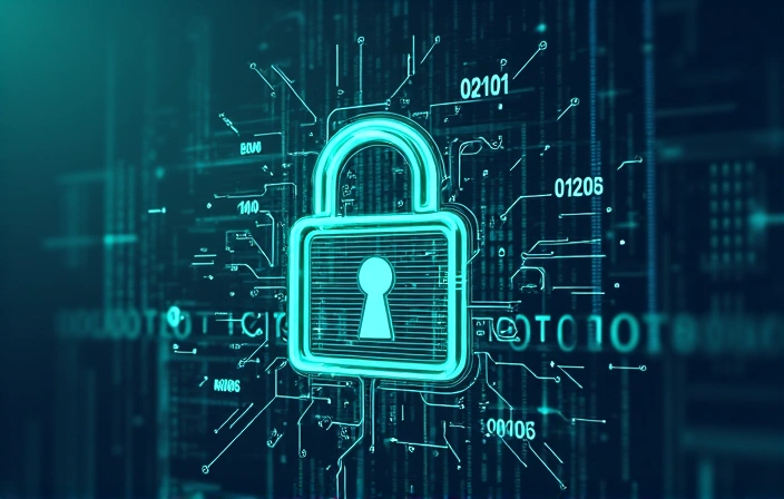 Cyber security concept with padlock and digital elements