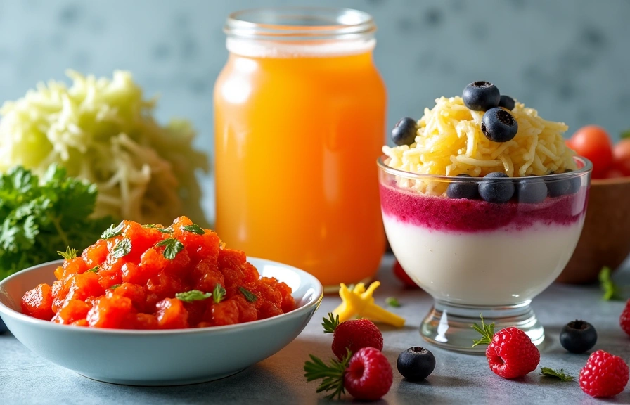 Un assortimento colorato di alimenti fermentati pronti per essere consumati, come kimchi in una ciotola, un bicchiere di kombucha, crauti e yogurt.