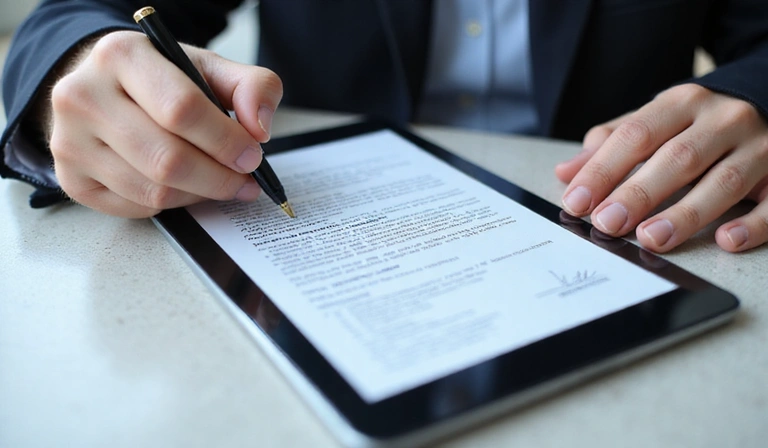 Mano che firma un contratto digitale su tablet