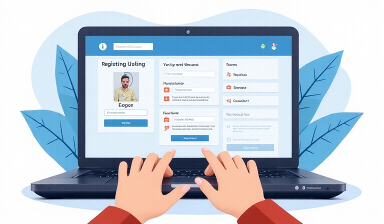Persona che digita su un laptop con moduli di registrazione sullo schermo